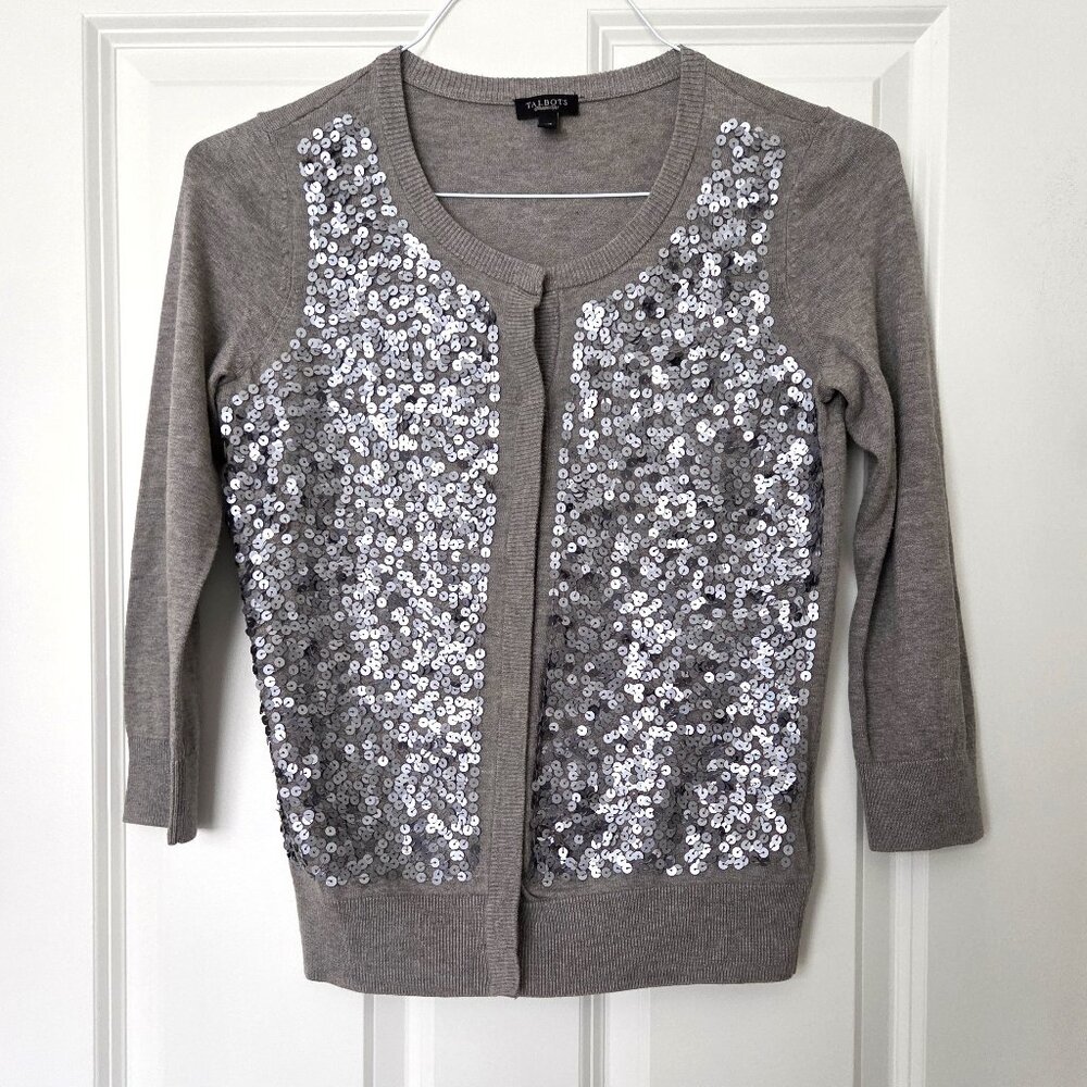 Talbots Gray Sequined 3/4 Sleeve Cotton Rayon Cardigan